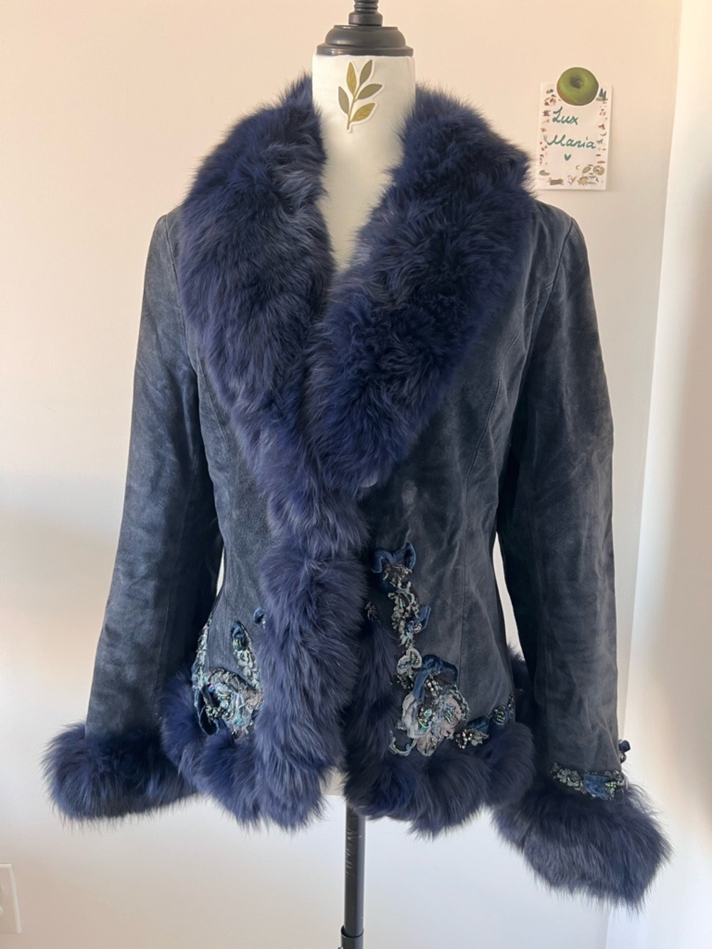 Vintage Navy Suede Jacket with Real Fox Fur Beaded Floral Embroidery S-M Boho - Picture 1 of 14
